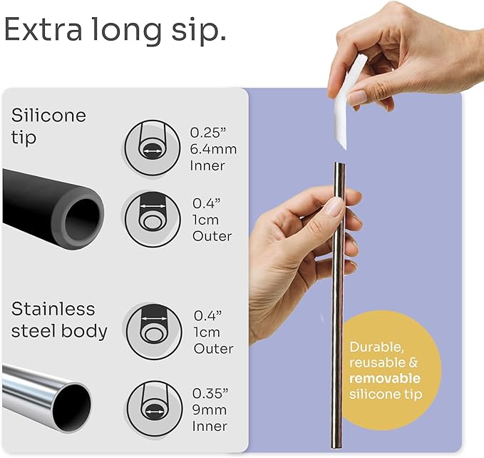 purifyou 14.5" Stainless Steel Straws with Pastel Colored Silicone Tips, Extra Long & Wide Reusable Metal Straws for Tumblers, Smoothies (Set of 5 with Brush)