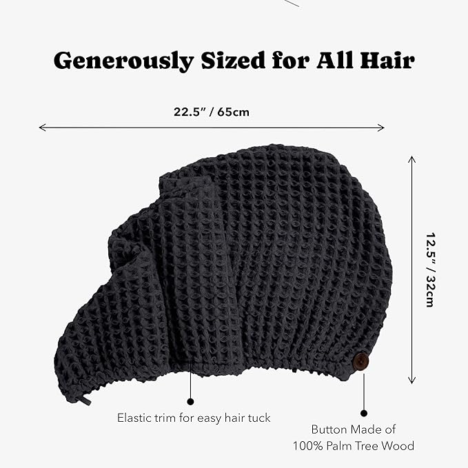 Luxury Organic Japanese Cotton Hair Drying Waffle Towel Wrap for Women | Absorbent, Quick-Dry Head Turban for Shower, Sauna, Spa | Extra Large for Long, Curly, Straight Hair With Button (Black, 2 Pc)