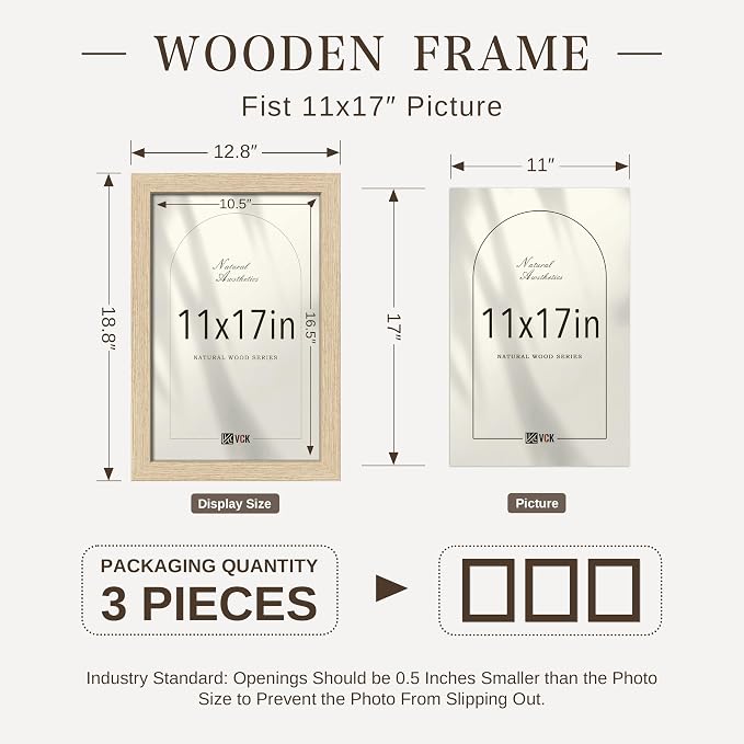 VCK 11x17 Picture Frame 3 Pack - Natural Oak Solid Wood Poster Frames, Textured Exclusive Wood Wall Gallery Frame