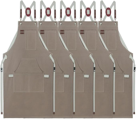 5 Pack Kitchen Apron, Work Apron, Canvas, Multiple Pockets, Gardening, Painting, BBQ, Artist, Carpenter, Sizes M to XXL, Dark Gray