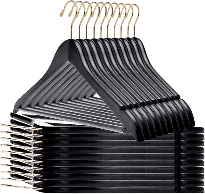 Quality Wooden Hangers - Slightly Curved Hanger 90 Pack Sets - Solid Wood Coat Hangers with Stylish Chrome Hooks - Heavy-Duty Clothes, Jacket, Shirt, Pants, Suit Hangers(Black - Gold Hook, 90)