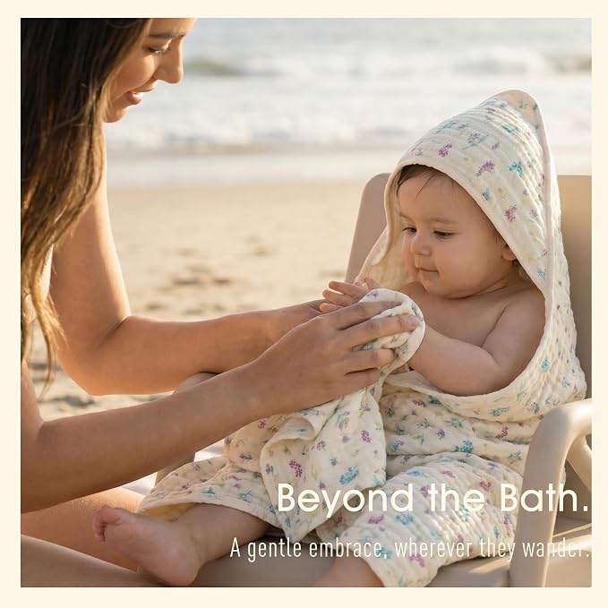 4-Piece Muslin Baby Towel Set - Made with Organic Cotton, (2) 6-Layer 32x32 Towels & (2) Washcloths, Bath, Beach & Pool Gift Set (Earthy Botanicals)