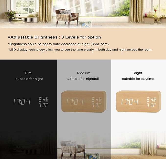 Alarm Clock Modern Wood Digital Clock Snooze LED Desk Clock Display Time Temperature Humidity Brightness Adjustable for Home Kids Bedroom Office(Beige)