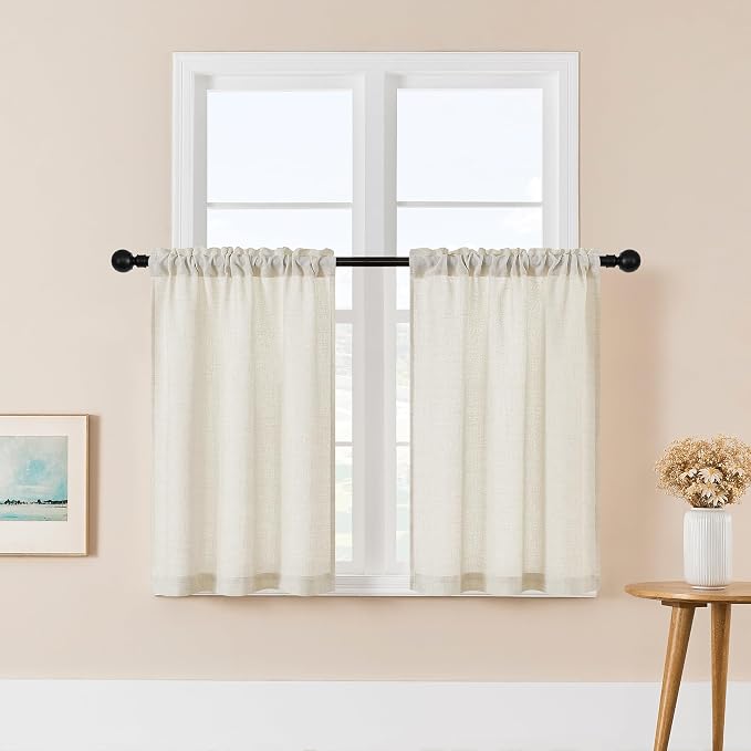 Kitchen Curtains 36 Inch Length Farmhouse Linen Natural Cafe Bathroom Window Drapes Decorative Rod Pocket Semi Sheer Light Filtering Short Curtains for Laundry RV 36 Inches Long W25xL36
