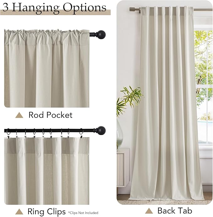 NICETOWN Beige Cotton Linen Curtains 84 inch Long 2 Panels Set, 55" Wide Flax Belgian Linen Blend Organic Privacy Window Drapes Rod Pocket & Back Tab with Light Filtering for Bedroom/Living Room