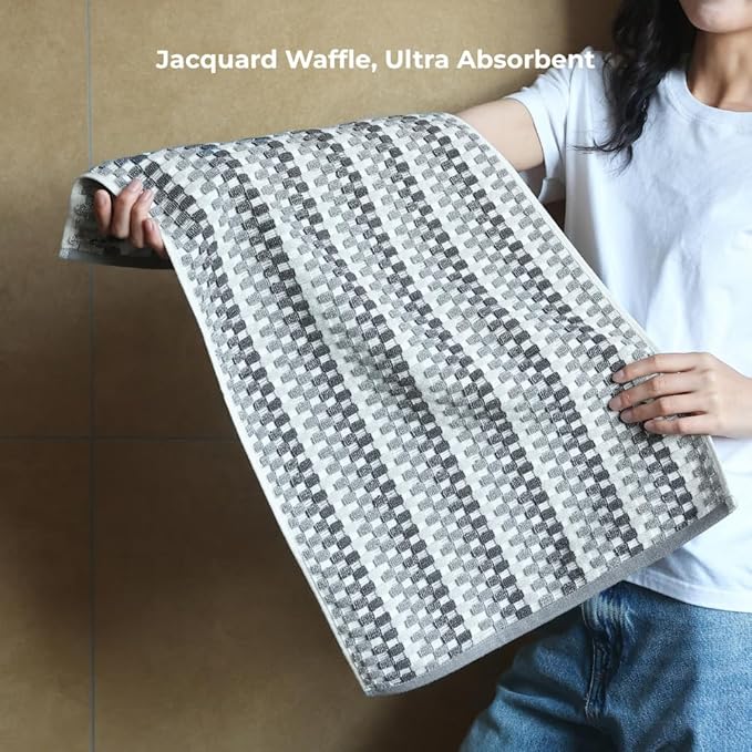 Premium Luxury Waffle Weave Cotton Towel Set - 160g Hand Towel & 650g Oversized Bath Towel (30"x60") - Ultra Absorbent, Quick-Dry, Soft Textured Jacquard (Earth Grey)