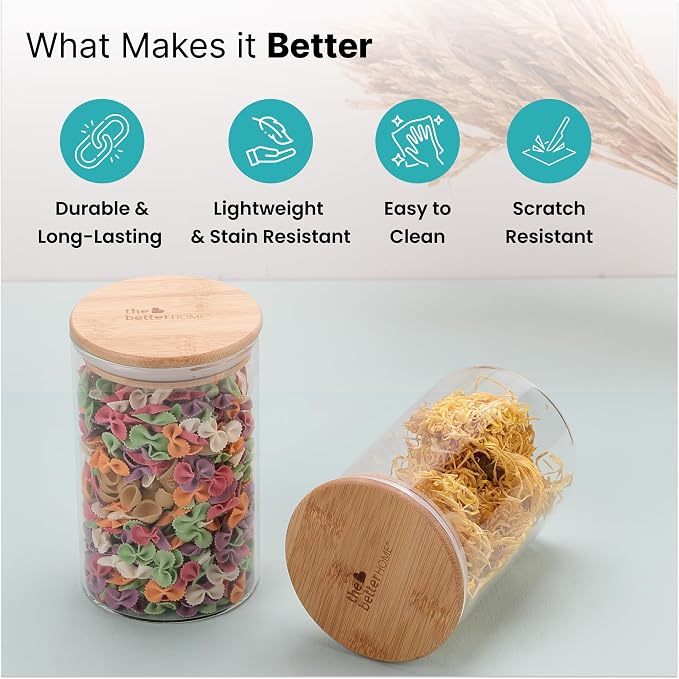 The Better Home Pack of 2 1000ml Borosilicate Glass Jars containers with Bamboo Lid I Transparent Airtight Borosilicate Kitchen jars Containers Set | Glass Jars for Cookies Snacks Tea Coffee Sugar