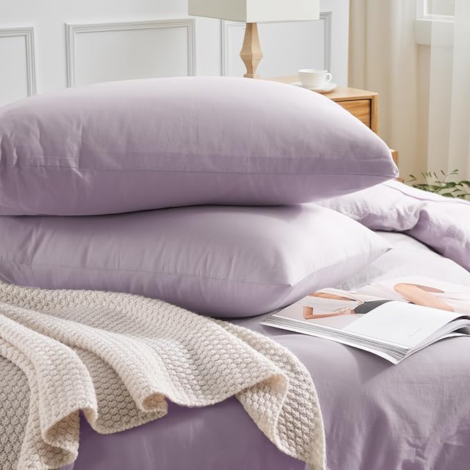 NEXHOME PRO Duvet Cover Set 100% Washed Cotton Oversized Queen 92"x98", Organic Natural Linen Look Textured 3 Pieces Bedding Set Lavender Lilac with Zipper Closure, Breathable Soft (No Comforter)