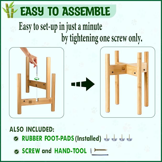 Dog Bowl Stand for Large Breed - Raise, Elevate Bowls to 14-inch High - Adjustable, Fits Any Single Pet Food/Water Feeders and Fountains - Durable Bamboo
