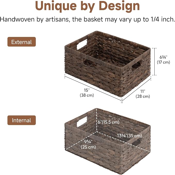 StorageWorks Storage Baskets for Shelves, Wicker Shelf Baskets for Organizing, Large Basket with Handles, Storage Basket for Toy, Pantry Organizers, Water Hyacinth