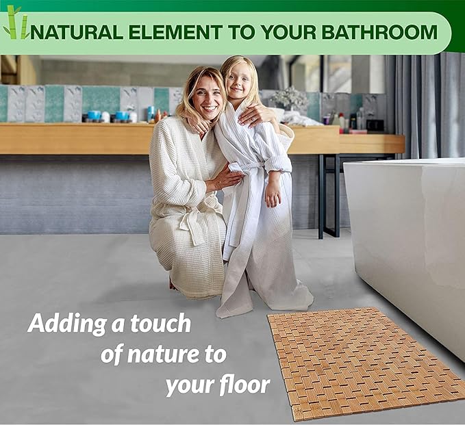 Bamboo Bath Mat, Natural Bamboo Wood, Rectangular, Non Slip, Brown, 23.6" x 15.7" for Spa Tub and Kitchen
