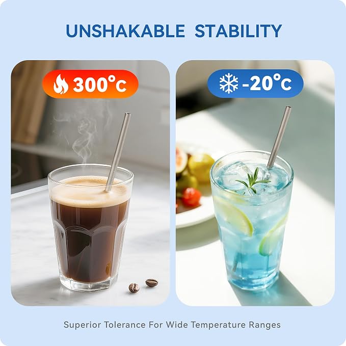 Heavy - Duty Titanium Straws 8.5" Reusable for 20 oz Tumlbers | Metal Drinking Straws for All Kinds of Hot & Cold Drinks, Eco Conscious, BPA Free with Cleaning Brush(No Silicone Tips)