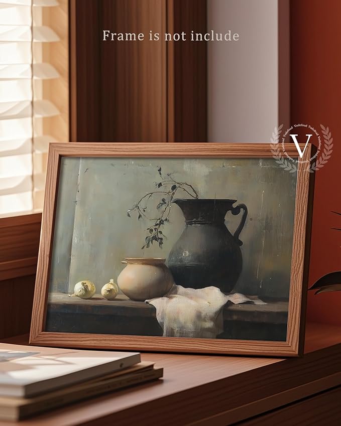 Vodefoad Still Life Vase Retro Vintage Canvas Wall Art Moody Kitchen Art Print Vintage Vase Still Life Oil Painting Vintage Neutral Wall Art for Home Bedroom Bathroom Decor - 8x10Inch Unframe