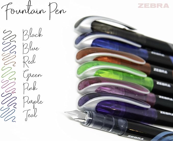 Zebra Pen, Fountain Pen, 0.6mm Fine Point, Stainless Steel Nib, Preloaded Assorted Ink, Smooth Ink Flow, Vibrant Assorted Barrels, No Cartridge Needed, 7-Pack (48307)