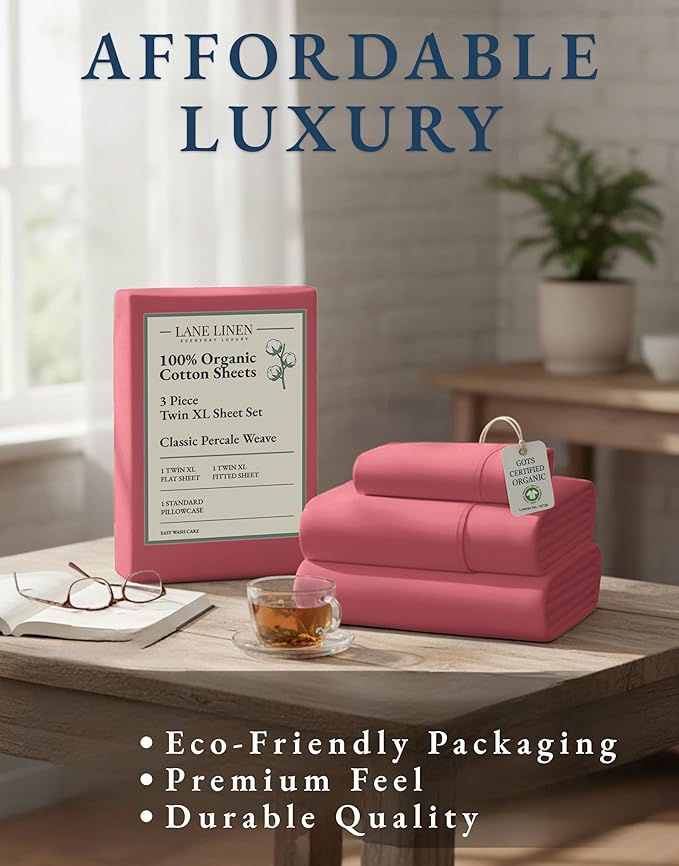 LANE LINEN 100% Organic Cotton Eco Friendly Bed Sheets Extra Long Twin, Soft & Comfy Fully Elasticized Percale, Low Pilling Machine Washable Naturally Cool Twin XL Sheet- Mineral Red