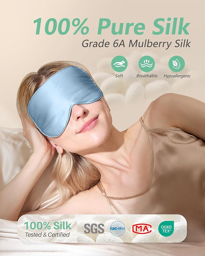 BeeVines Sleep Mask, 4 Packs 100% Real Natural Pure Silk Eye Masks with Adjustable Strap for Sleeping, Mulberry Silk Eye Sleep Shade Cover, Block Light Reduces Puffy Eyes Traveling Gifts(Light Blue)
