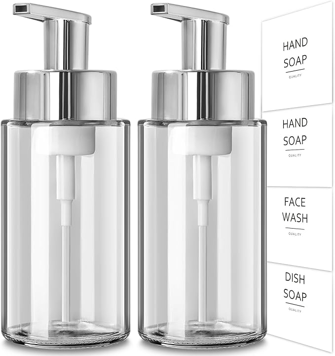 RYTOXILO Glass Soap Dispenser, 10 oz/300ml Foaming Soap Dispenser, 2 Pack Foaming Hand Dispenser for Bathroom & Kitchen, Clear Refillable Foam Soap Bottle with Silver Pump