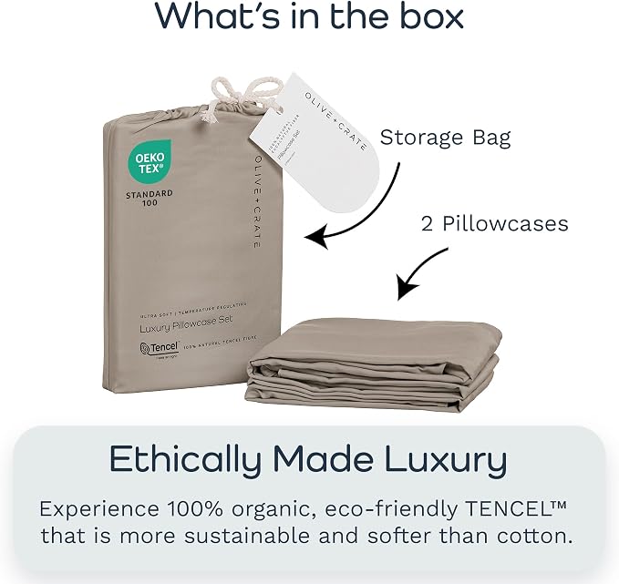 Olive + Crate Tencel Eucalyptus Pillowcases - 100% Tencel Lyocell Cooling Pillow Cases for Hot Sleepers - Hypoallergenic, Moisture-Wicking, Silk Alternative, Vegan - King Size Set of 2 [Taupe Sand]