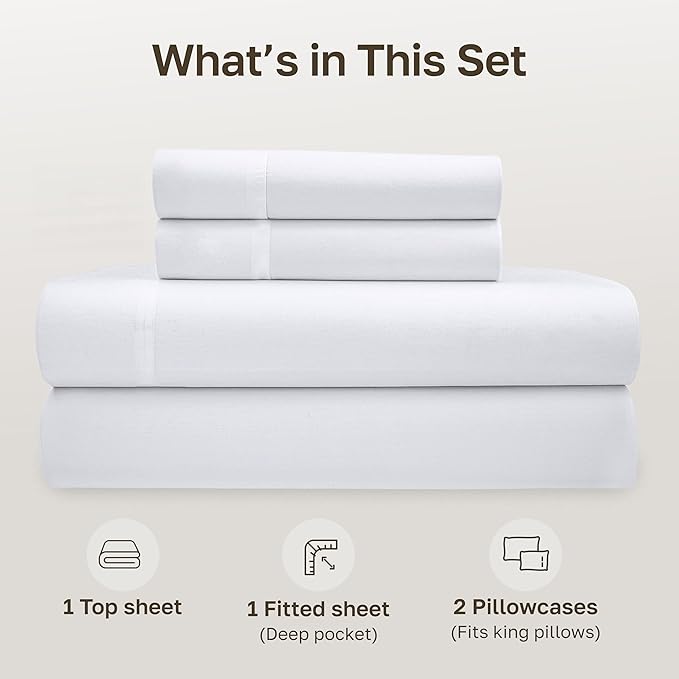 California Design Den King Size Sheets Set - Soft 100% Organic Cotton, Crisp Percale Sheets with Deep Pockets, Breathable and Durable Bedding Set - White