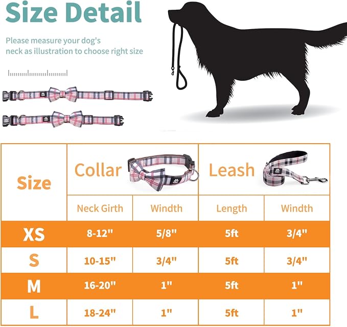 IVY&LANE Dog Collar with Bowtie and Leash Set | Plaid Adjustable Dog Collar | Detachable Bow Tie |5 FT Dog Leash | for Small Medium Large Dogs | Checkered Beige | Medium