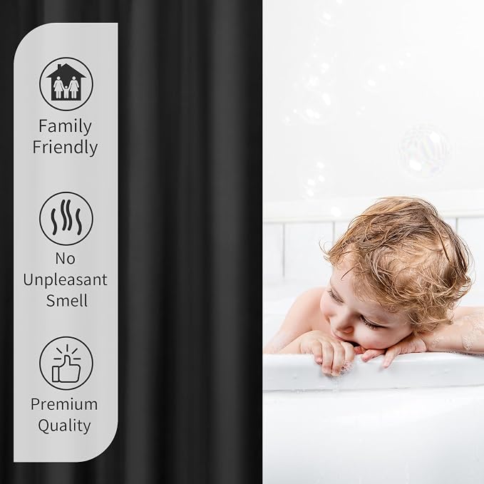 Gibelle Black Fabric Shower Curtain or Liner, 72x72 Waterproof Shower Curtain Liner for Bathroom with Metal Grommets, Soft Cloth & Hotel Quality, Machine Washable