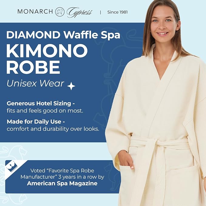 MONARCH Unisex Diamond Waffle Spa Kimono Robe – Soft Lightweight Fabric, Generously Sized Hotel & Spa Robe with Pockets