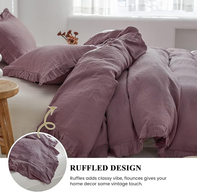 Simple&Opulence 100% Linen Duvet Cover Set, 3 PCS Natural French Flax Purple Ruffle Duvet Cover King Size, Breathable Comfy Linen Bedding Comforter Cover with 2 Pillowcases (Purple, 104" X 92")