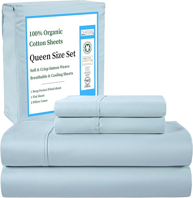 CHATEAU HOME COLLECTION Sheets Queen Size Bed Set – 100% Organic Cotton Sky Blue Bed Sheets, Deep Pocket Fitted Sheet, Cooling & Breathable, Sateen Weave, Fits Upto 17" Mattress