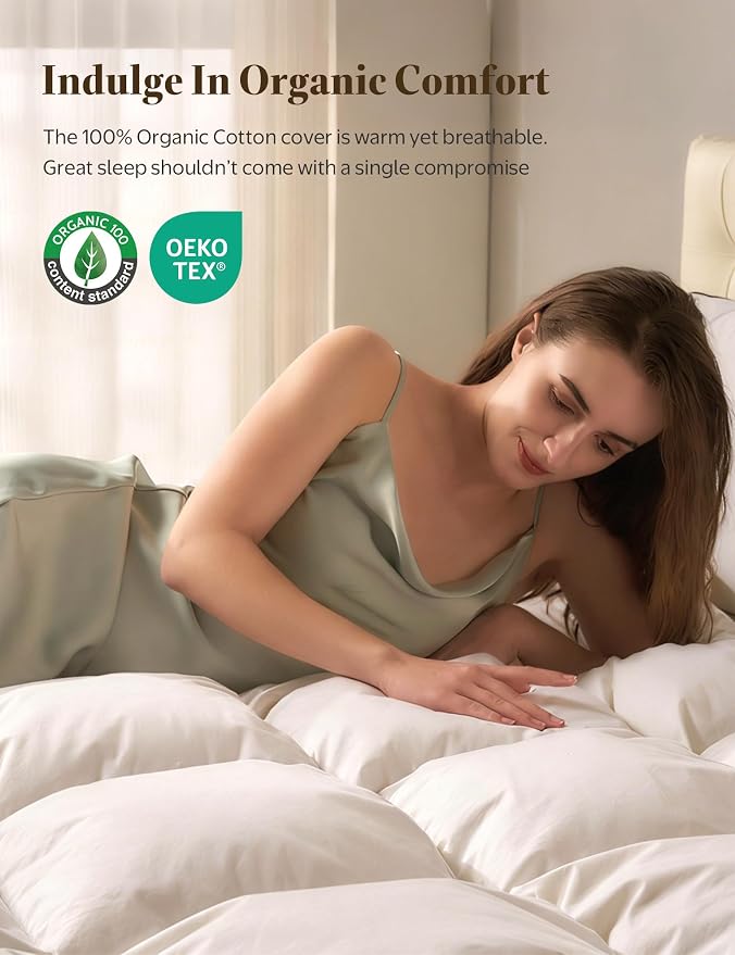 BPC Goose Feather Down Fiber Comforter California King – 100% Organic Cotton Cover, 750 Fill Power Extra Fluffy All Season Duvet Insert, Medium Warmth (104"x96", White)