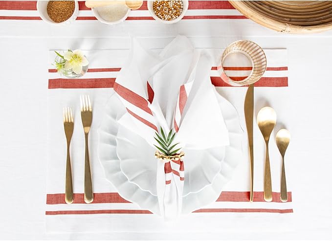 Solino Home Linen Placemats Set of 4 - French Stripe Red and White Placemats 14 x 19 Inch - 100% Pure Linen Table Mats for Summer, 4th of July