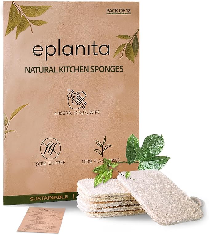 eplanita Natural Dishwashing Sponges (Pack of 12), Kitchen Eco Scrub Scourer, Natural Loofah Plant, Biodegradable and Zero Waste
