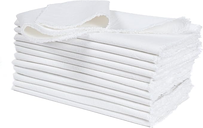 Ramanta Home Cloth Napkins Set of 12 White 18x18 Inch - Spring Soft & Durable Frayed Dinner Napkin for Easter Wedding, Birthday Party | Heavy Weight Fabric Table Linen for Everyday Use Family Dinners