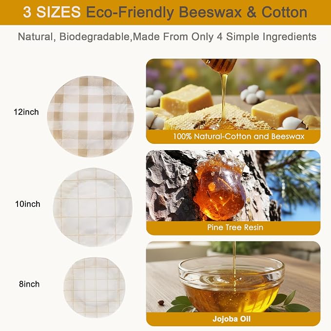 3 Pcs Reusable Bowl Covers for Bread Proofing Beeswax Bowl Covers Reusable 8/10/12 Inch, 100% Organic Cotton, Elastic Cover for Sourdough Bread, Dough Proofing & Food Storage