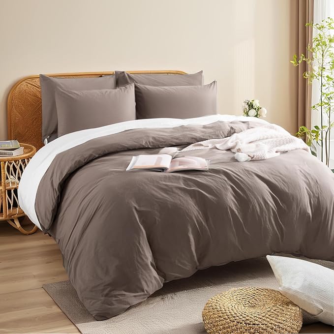 NEXHOME PRO 100% Washed Cotton Duvet Cover Queen Size, Ogranic Natural Linen Feel Breathable Bedding Set with Zipper Closure, 3 Pieces Duvet Cover Set Chocolate (No Comfortert) 9090