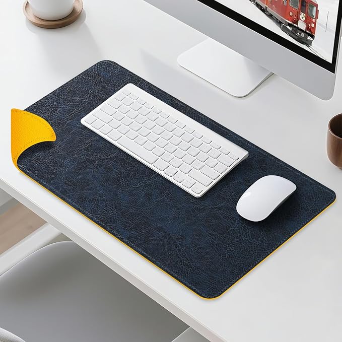 Imitation Crazy Horse Leather Desk Mat - Waterproof Desk Pad - Ideal for Large Mouse Pad and Desk Mats on Top of Desks (Dark Blue+Yellow, 33"*13")