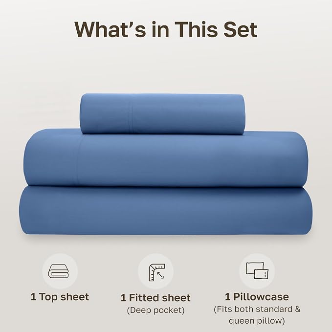 California Design Den Twin Sheet Set - Soft 100% Organic Cotton Percale Sheets, Crisp and Cool, Deep Pockets with Anti-Skid Elastic, Breathable and Durable Bedding Set - Riviera Blue