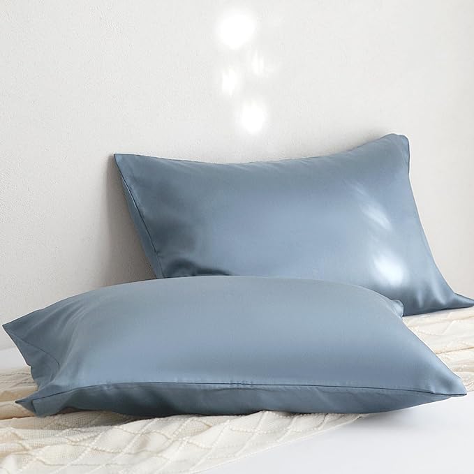 100% Tencel Pillowcase, Hair and Skin Friendly, Soft and Smooth，Cooling Silk Pillowcases for hot Sleepers,Queen Pillowcases Set of 2,Hair and Skin Friendly,Denim Blue, 20x30in