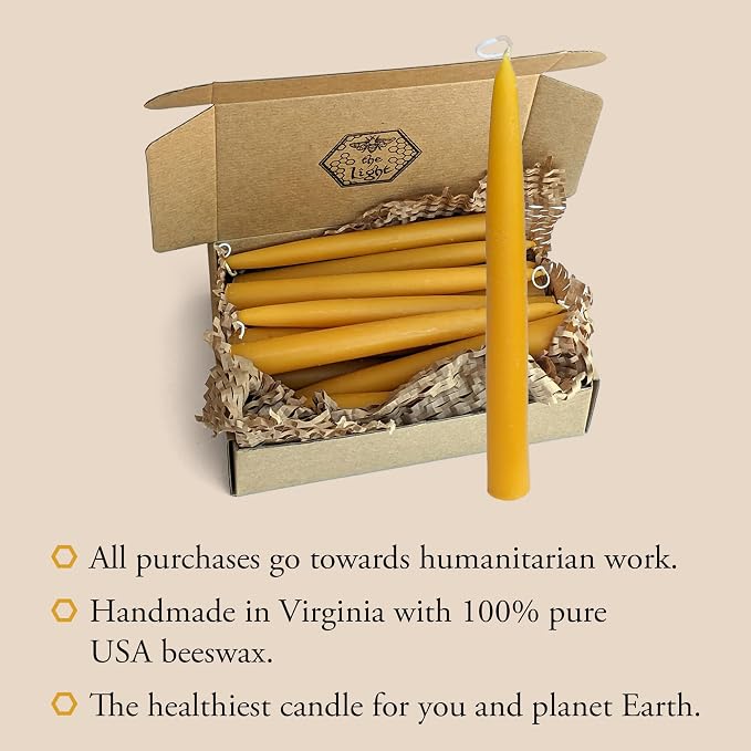100% Pure Beeswax Taper Candles - All-Natural Handmade Decorative & Dipped Smokeless Unscented Candles for Christmas, Advent, and Hanukkah, Natural Yellow, 8.5 Inches, 24 Candle Set, by BeeTheLight