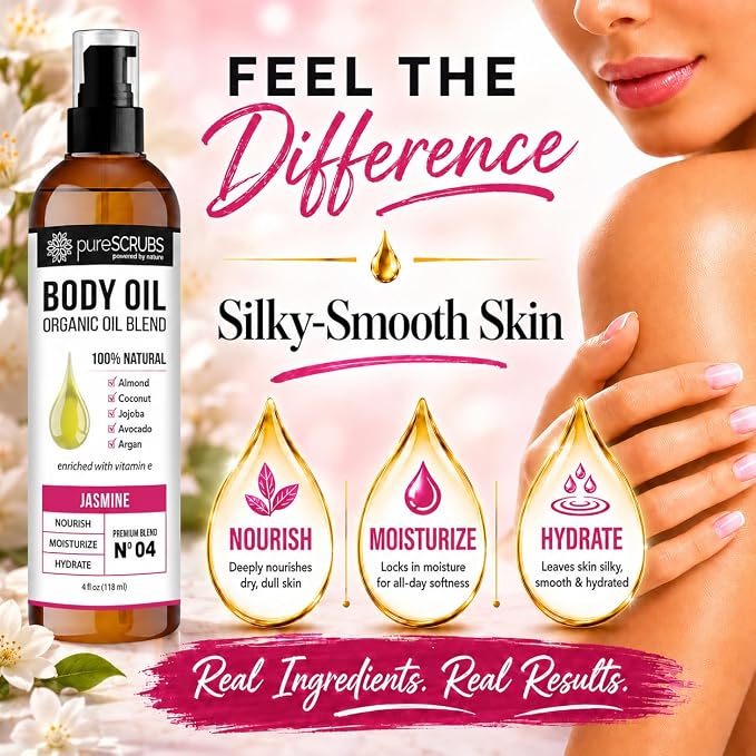 pureSCRUBS Ultra Moisturizing Jasmine Body Oil for Dry Skin, 4 oz | Luxurious After Shower Body Oil for Soft, Silky, Glowing Skin, Non-Greasy, Fast Absorbing & Hydrating Formula with Vitamin E
