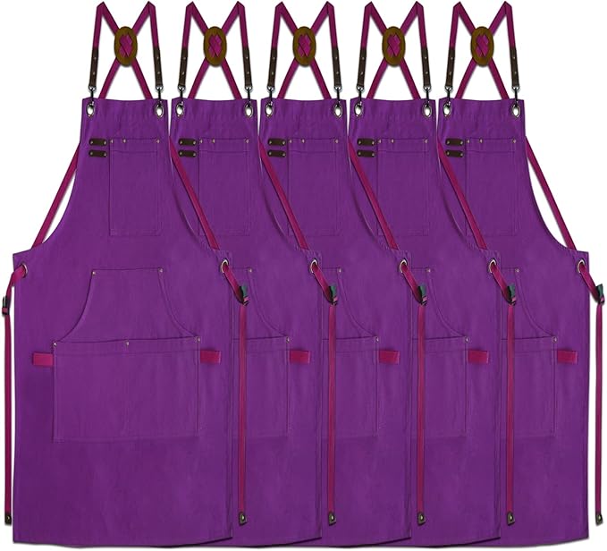 5 Pack Kitchen Apron, Work Apron, Canvas, Multiple Pockets, Gardening, Painting, BBQ, Artist, Carpenter, Sizes M to XXL, Purple