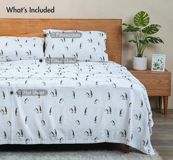 RUVANTI Flannel Sheets King Size - GOTS Certified 100% Organic Cotton, 4 Piece Warm, Soft & Breathable Set, Deep Pocket Snug Fit, Double Brushed Cozy All Season Bedding, Polar Parade