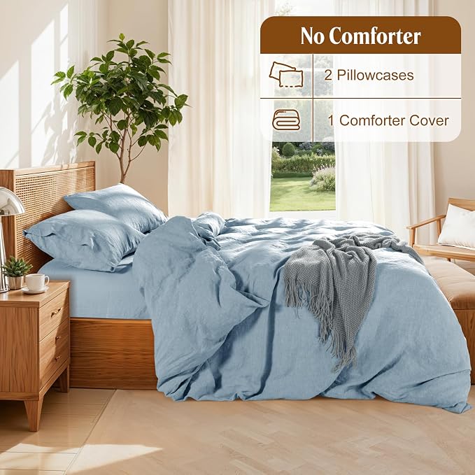 LBRO2M 100% France Linen Duvet Cover Set 3 Pcs Including 1 Flax Comforter Cover with Zipper Closure, 2 Pillowcase, Cozy Duvet Cover King Size, Dusty Blue