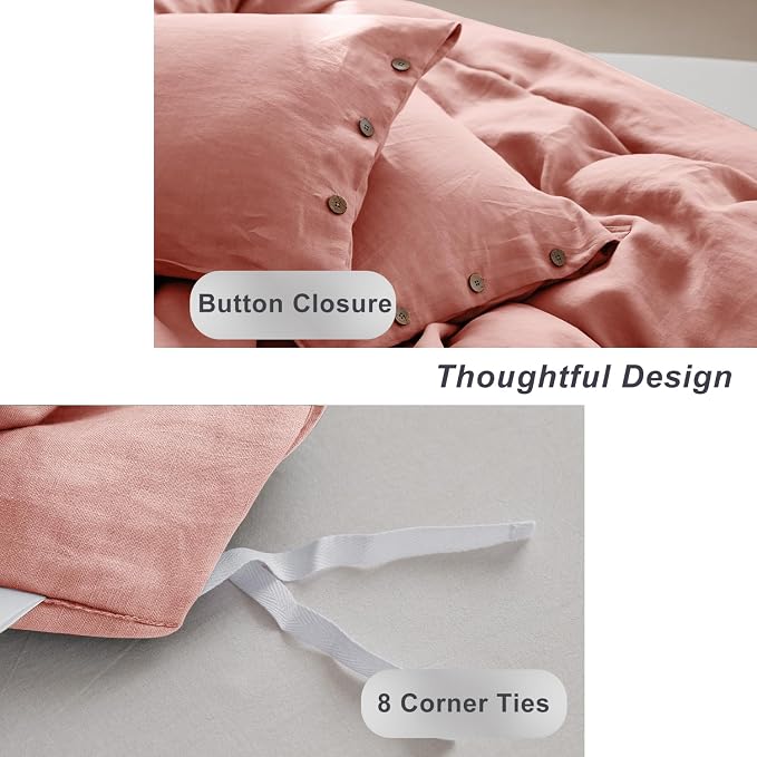 TOSMO 100% Linen Twin Duvet Cover Set, Luxury French Flax Natural Linen Duvet Cover with Button Closure & Corner Ties, Cooling Breathable Comforter Cover 2 Piece (Rose Pink)