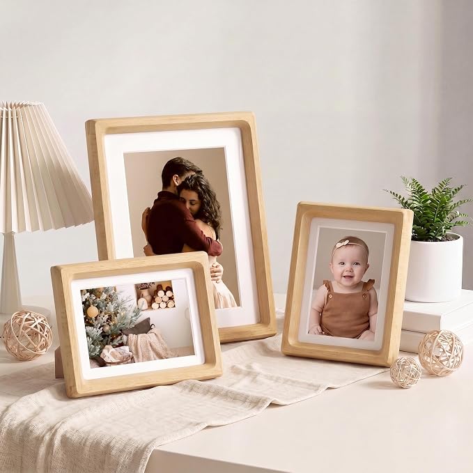 4x6 Picture Frame Set of 2, USA-Sourced Beech Wood Photo Frames with HD Tempered Glass, Handcrafted Rounded Corner 4 x 6 Wooden Frame Matted to 3.5x5 Photos, 4x6 Frames, Tabletop or Wall Display