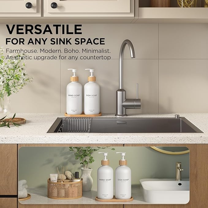 Hand and Dish Soap Dispenser Set,16oz Glass Bottles with Bamboo Pumps & Tray,Countertop Soap Dispensers for Kitchen,Luxury, Minimalist & Farmhouse Decor