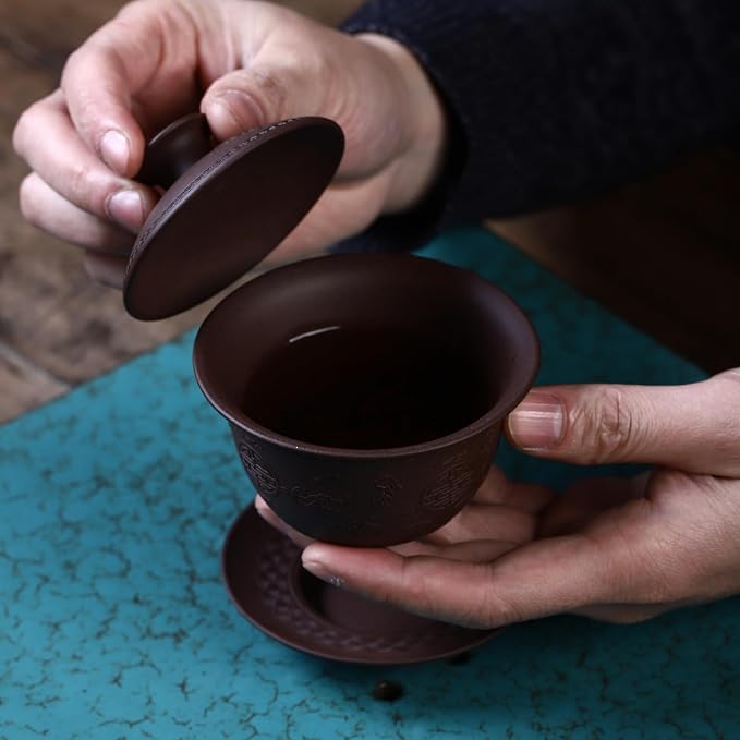 Yixing Clay Zisha Gaiwan 5 Oz,Chinese Kungfu Tea Bowl Cup,Blooming and Loose Leaf Tea Cup Set -Purple Clay