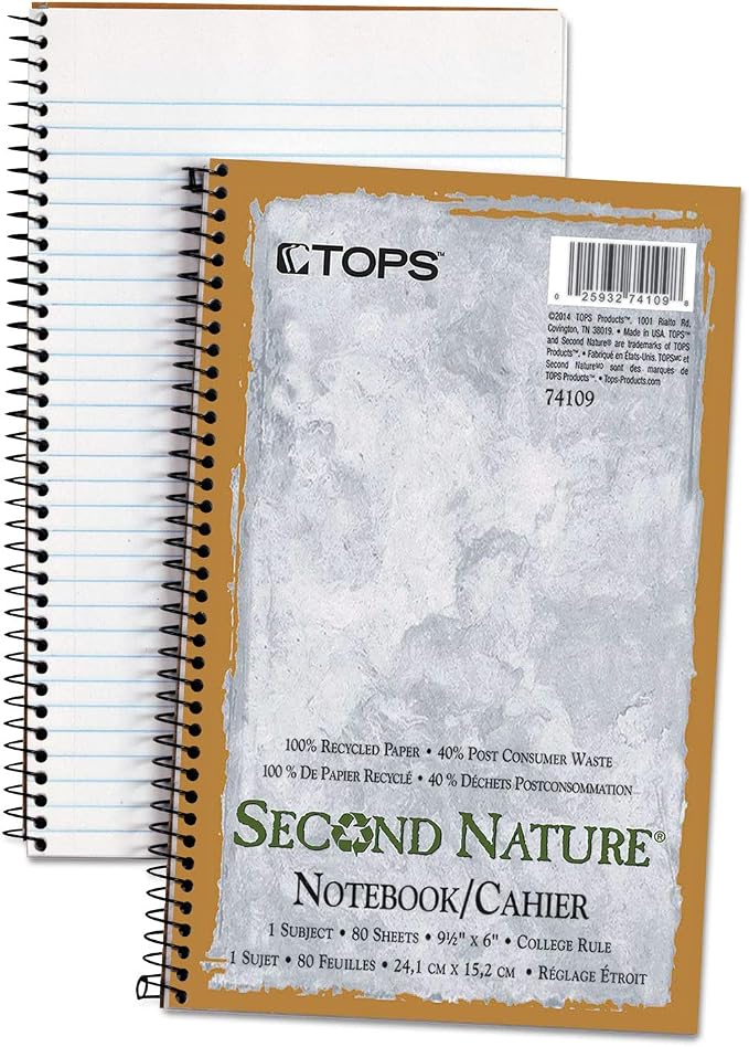 TOPS Second Nature Notebook, 9.5 x 6 Inch, College Ruled, 100% Recycled, 80 Sheets, Grey (74109)