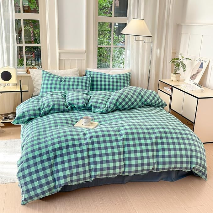FACE TWO FACE Bedding Duvet Cover Set100% Washed Cotton Duvet Cover Linen Like Textured Breathable Durable Soft Comfy (Full, Blue Green Grid)