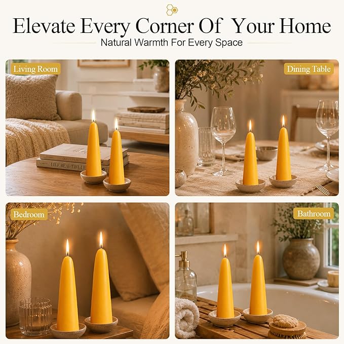 10 Pack Natural Beeswax Taper Candles, 1.3×4.3 Inch Bees Wax 7.5 Hours Long Burning Time, Eco-Friendly Non-Toxic Smokeless Handmade 100% Pure Beeswax, for Home Decor, Meditation, Relaxation & Gifts