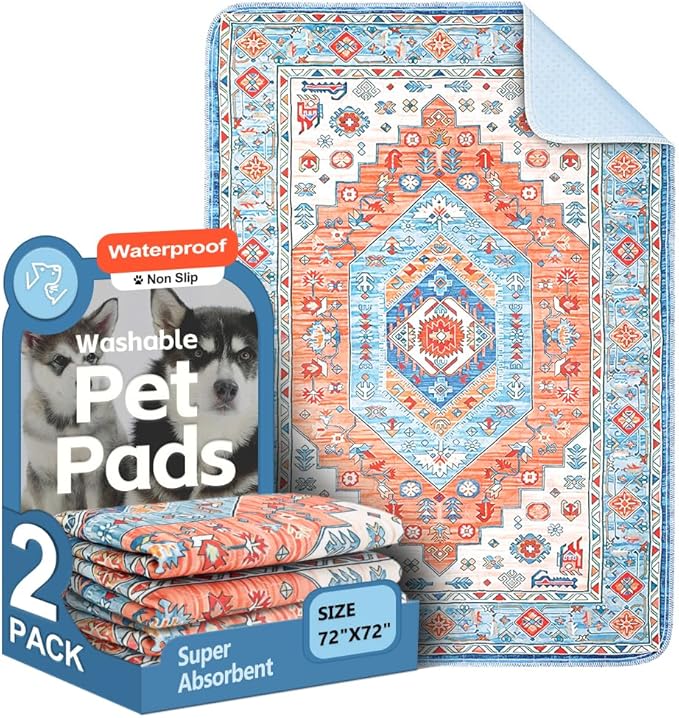 Washable Pee Pads for Dogs, 2 Pack Reusable Puppy Training Pads 72"x72" Super Absorbent Waterproof Dog Training Pads, Non-Slip Potty Pads, Whelping Pads Litter Mat Orange/Mix